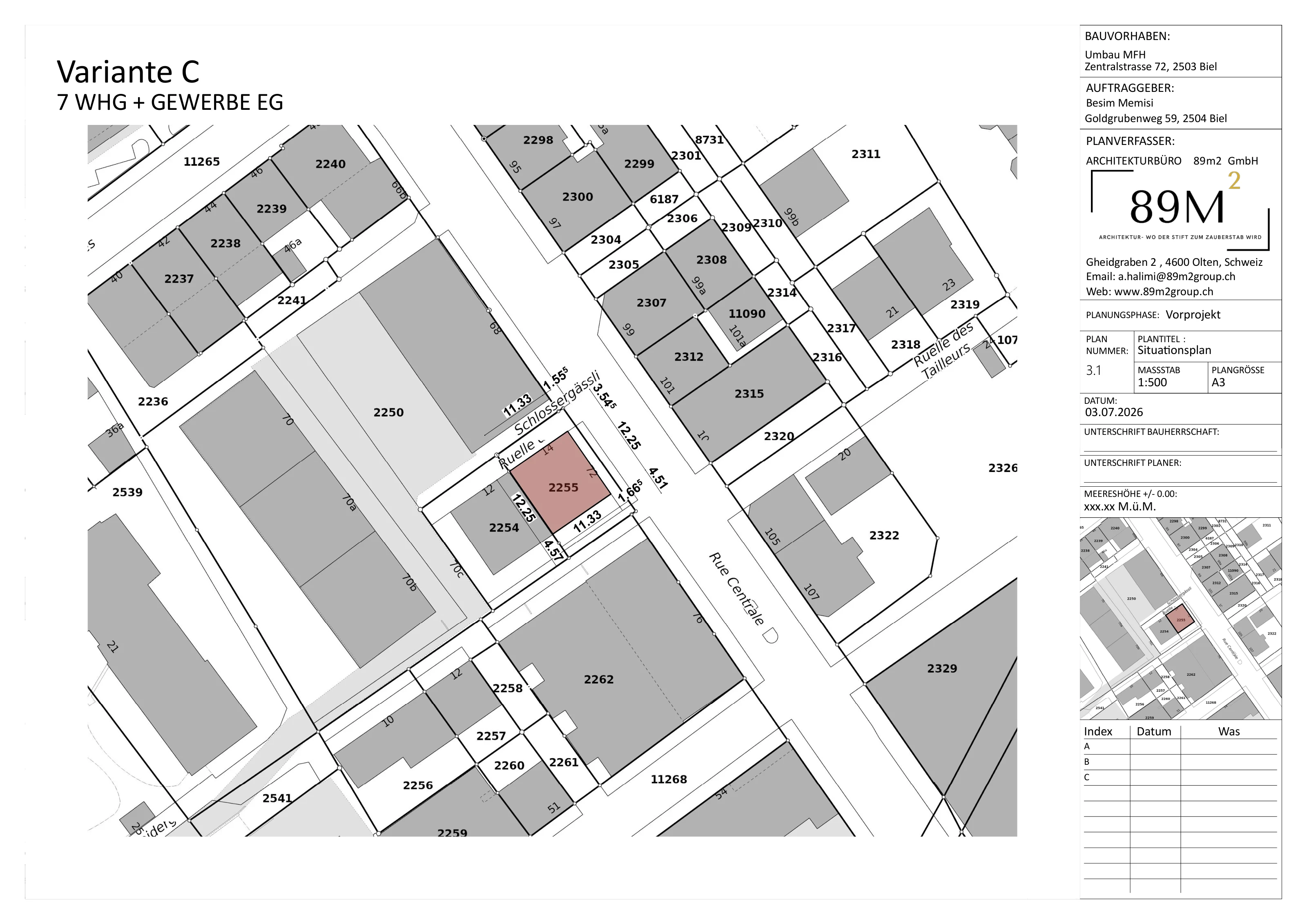 Planung und Sanierung eines Mehrfamilienhauses in Biel – Situationsplan
