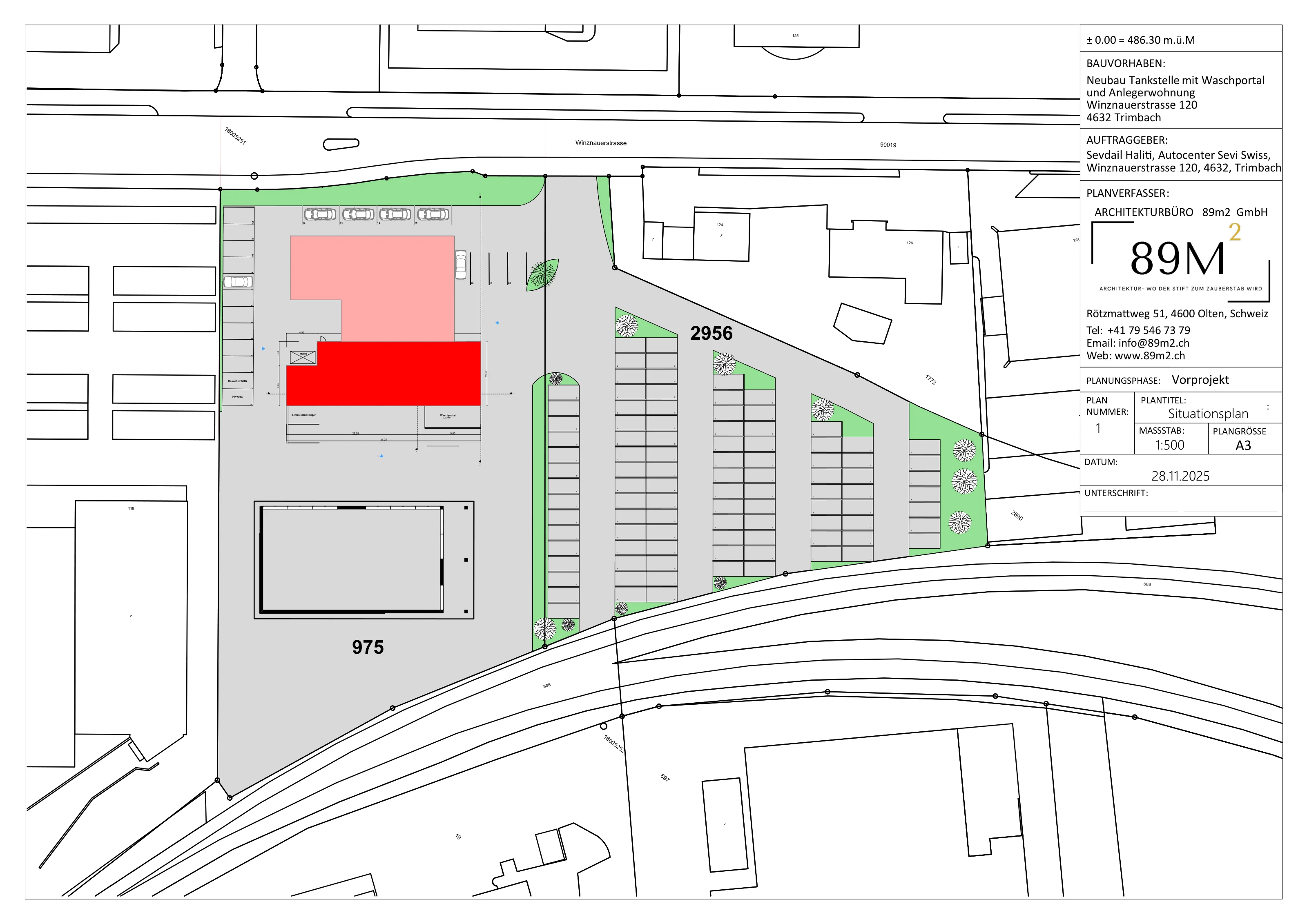 Planung und Umsetzung einer Tankstelle mit Einliegerwohnung in Trimbach – Situationsplan